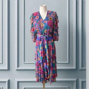 VTG Diane Freis Petites 100% Silk Ruffle Floral Print Midi Dress